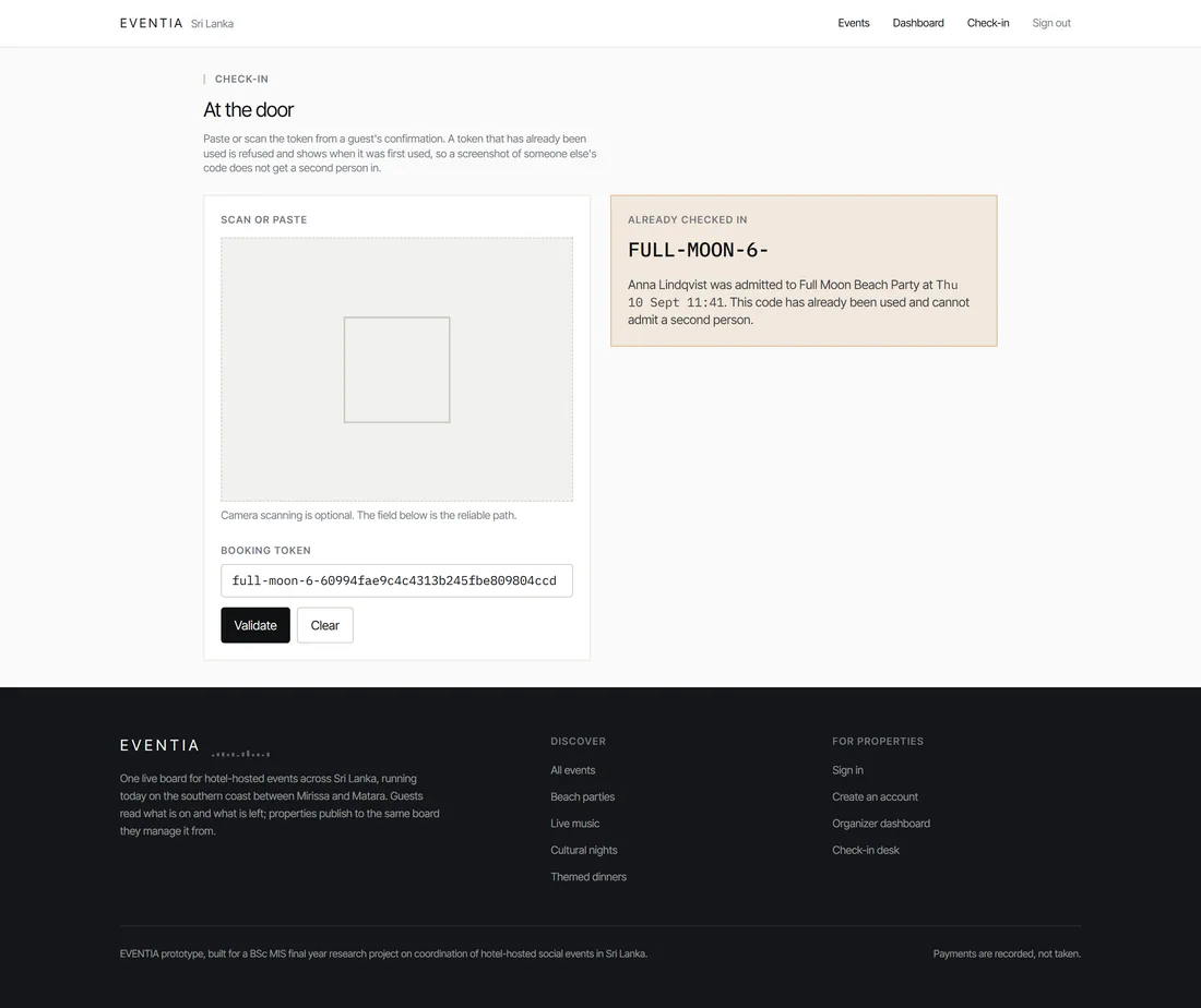 The EVENTIA check-in console refusing an already used token