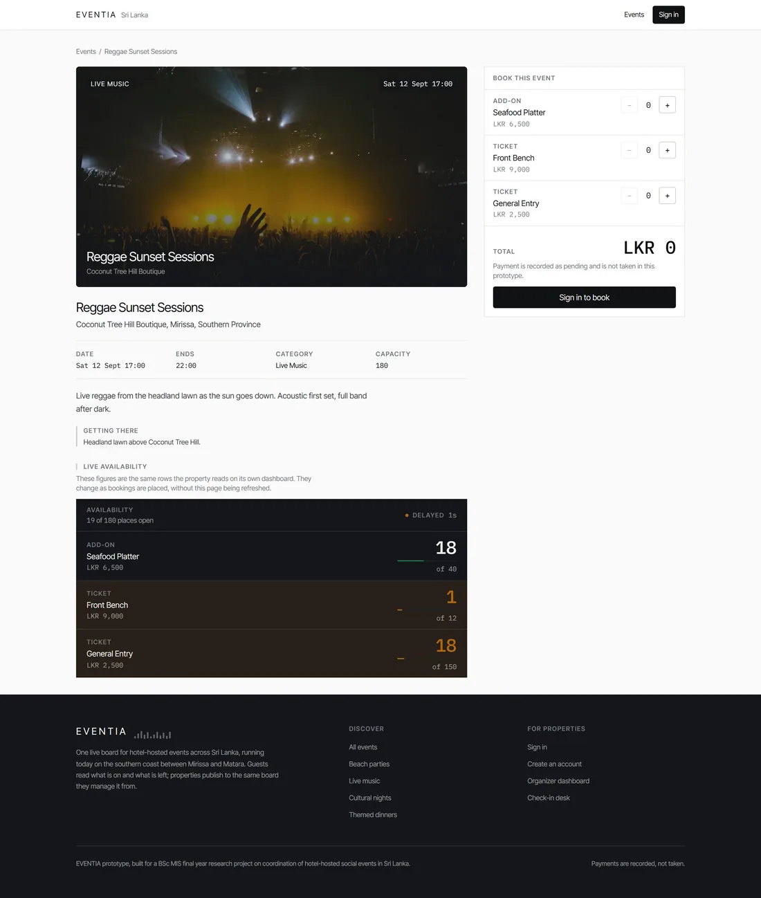 The EVENTIA event detail page with the availability board and booking panel